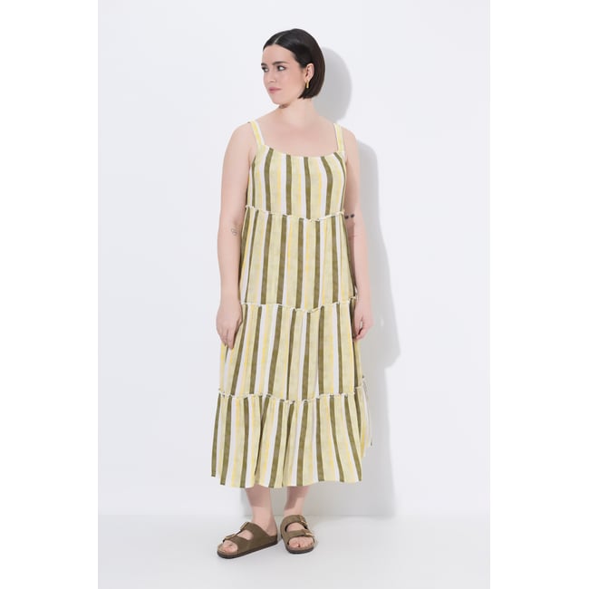 Robe midi à bretelles. Motif rayé. Coupe olive clair <span itemprop=