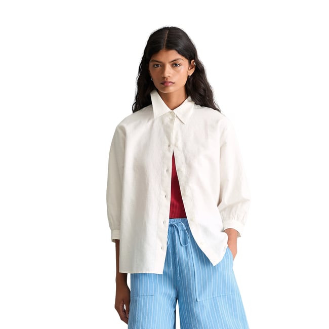 Blouse relaxed en mélange de lin et de coton blanc <span itemprop=