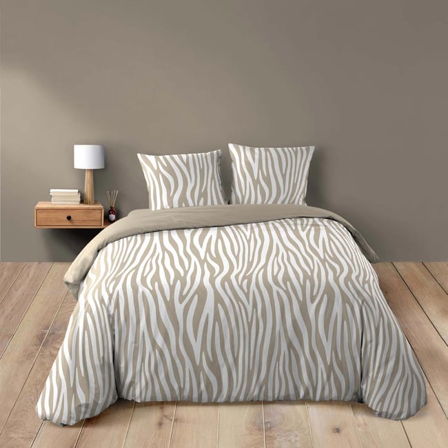 Parure de lit 3 pièces 100 % coton imprimé zèbre housse + taies naturel <span itemprop=