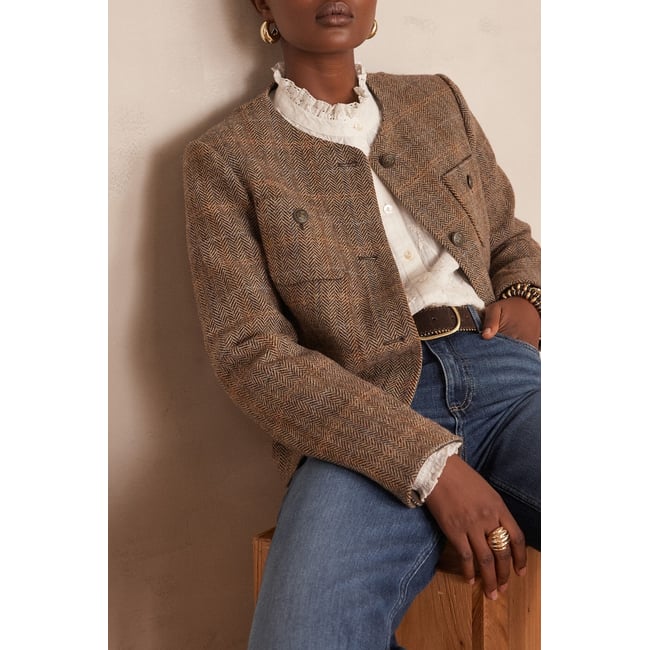 Veste PIA en laine motif chevron beige <span itemprop=