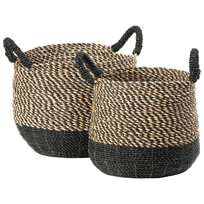 Set of 2 Natural & Black Seagrass Baskets with Handles, natural/black, SO'HOME