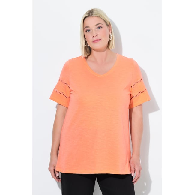 T-shirt, broderie ajourée, coupe évasée corail <span itemprop=