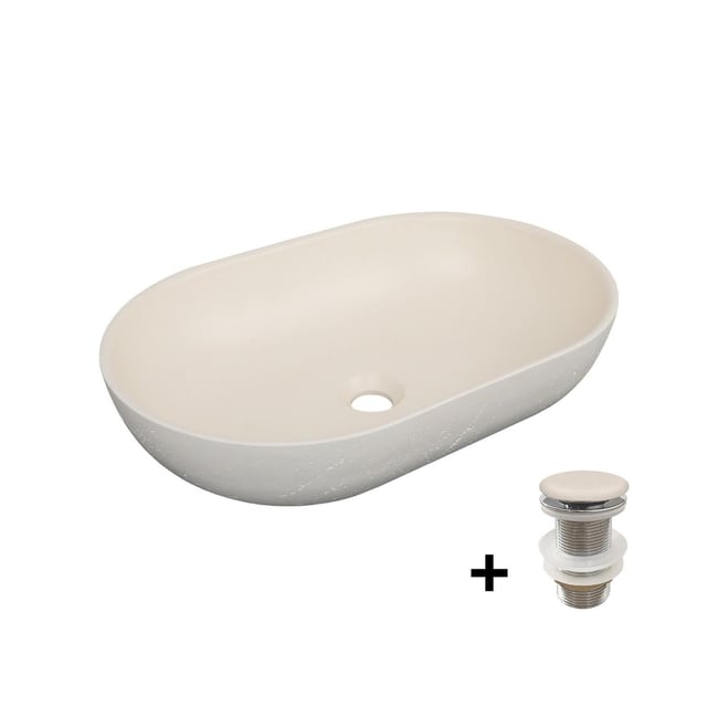 Vasque à poser en béton travertin 53x35cm + bonde FLORE Couleur v002233 <span itemprop=