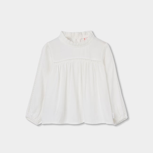 Blouse avec dentelle et col froncé blanc <span itemprop=