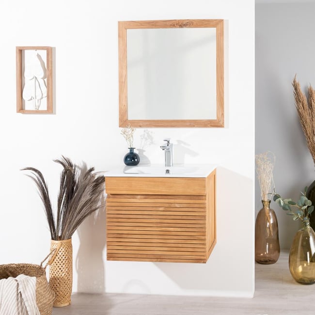 Meuble salle de bain en teck et céramique 60 cm AKTUAL Couleur blanc <span itemprop=