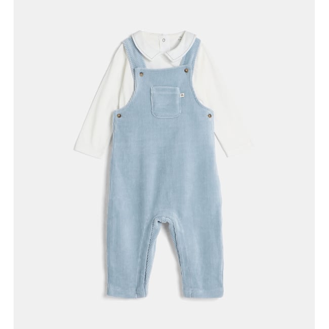 Ensemble salopette vargo en velours écru et bleu <span itemprop=