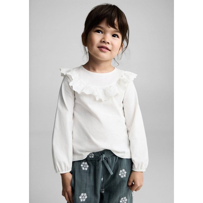 T-shirt coton à volants blanc cassé <span itemprop=