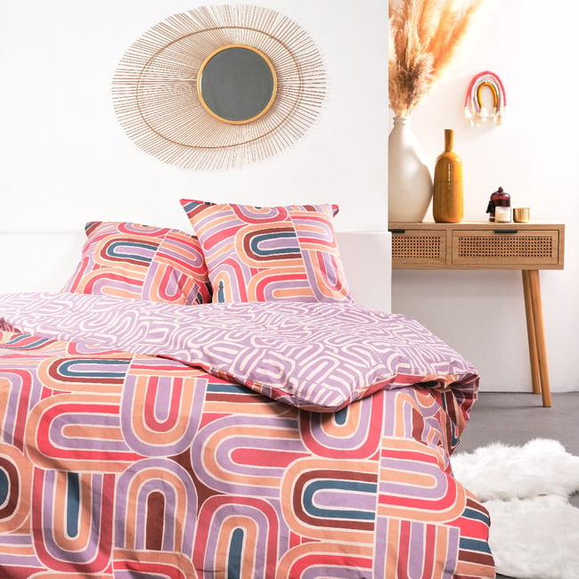 Parure de lit imprimé Graphique coton SUNSHINE SINA rose <span itemprop=