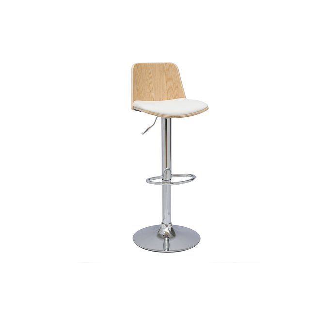 Tabouret de bar réglable blanc, bois clair et pied chromé DOA - MILIBOO