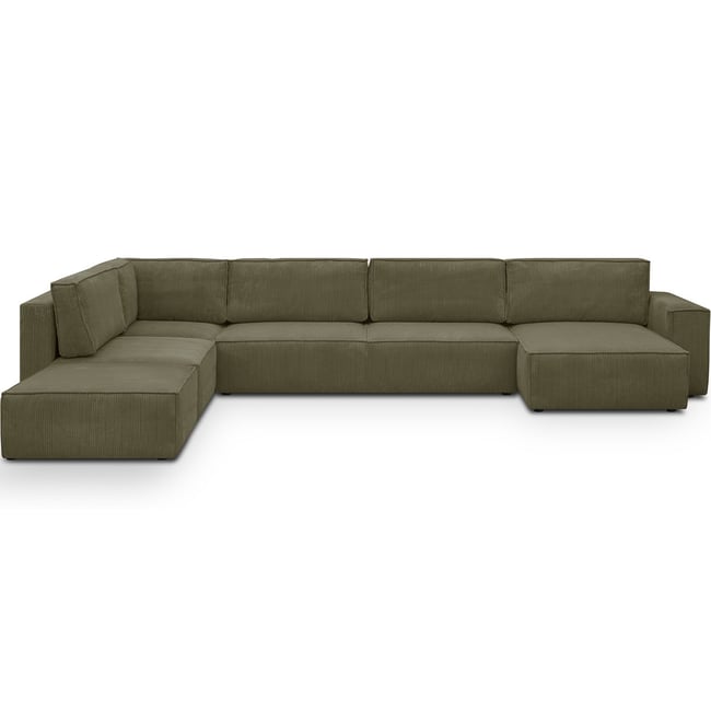 Canapé d'angle gauche convertible 8+1 places en velours côtelé - HARPER MOD Couleur vert kaki <span itemprop=