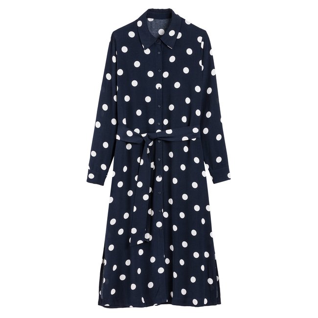 Vestido camisero de lunares, largo midi estampado lunares fondo azul marino <span itemprop=