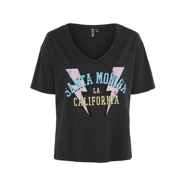 T-shirt col v motif devant  noir <span itemprop=