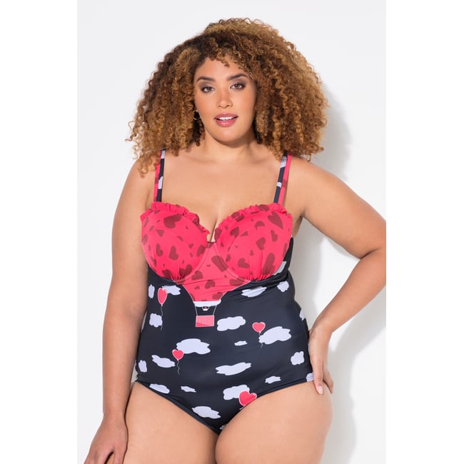 Maillot de bain avec ruchés, imprimé cœurs noir <span itemprop=