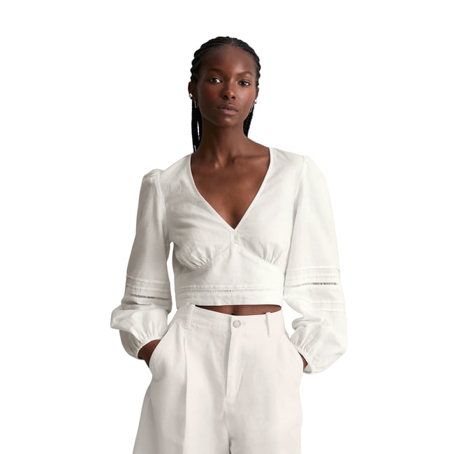 Chemisier portefeuille boho slim en mélange de lin et de coton blanc <span itemprop=