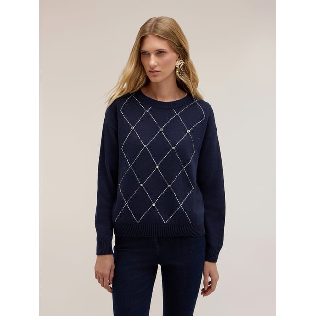 Pull en maille à losanges avec strass bleu <span itemprop=