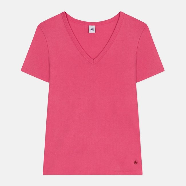 Camiseta L'Iconique, cuello de pico rosa fucsia <span itemprop=