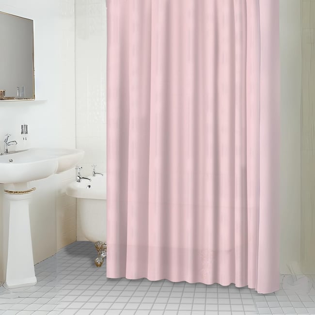 Rideau de douche uni aspect tissu rose boudoir <span itemprop=