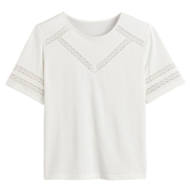 Cotton Crew Neck T-Shirt with Guipure Lace Detailing, ivory, LA REDOUTE COLLECTIONS