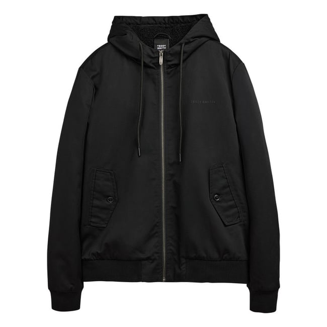 Blouson à capuche noir uni zippé à coupe droite avec le nom de la marque noir <span itemprop=