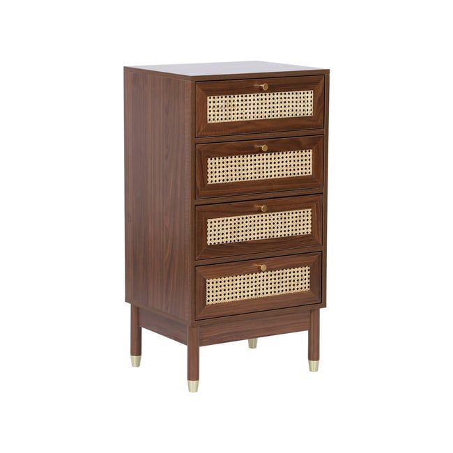 Chiffonnier décor bois et cannage 4 tiroirs JUDITH Couleur noyer <span itemprop=
