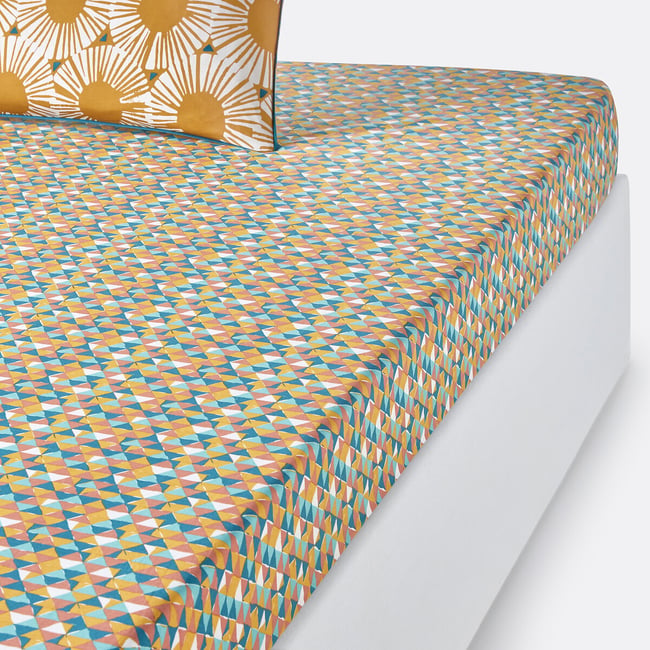 Drap housse pur coton, Jahia imprimé jaune/bleu <span itemprop=