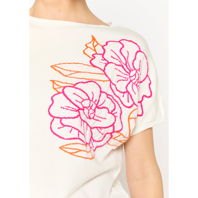 Pull à broderie florale blanc casse <span itemprop=