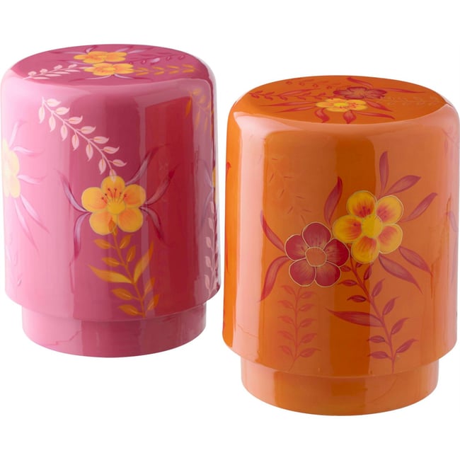 Tabouret fleuri en métal, Lot de 2 Couleur rose et orange <span itemprop=