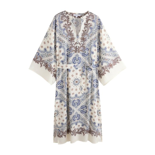 Robe kimono à taille nouée cachemire bleu <span itemprop=