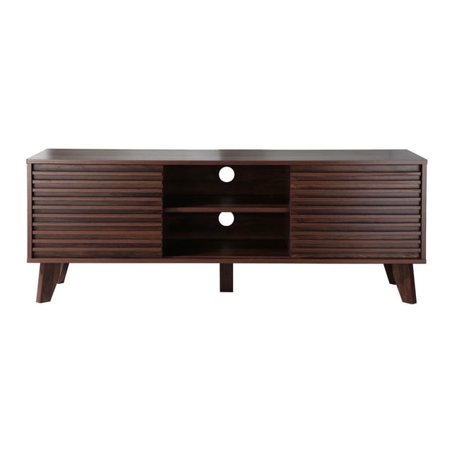 Meuble TV portes coulissantes Façades Effet Bois Rainuré L135 cm - FRIBOURG Couleur bois foncé <span itemprop=