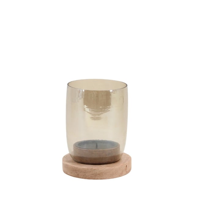 Photophore en verre et bois 19x15cm Couleur naturel <span itemprop=