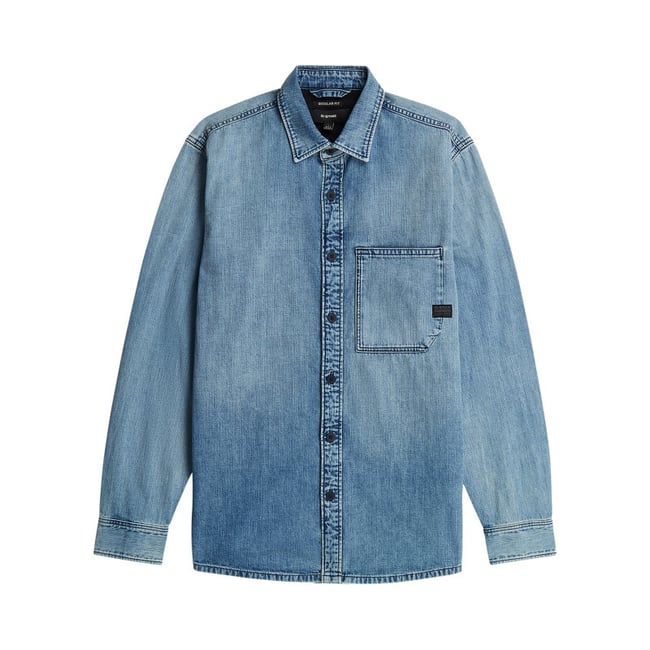Chemise en jean en coton bleue unie avec une coupe droite et 1 poche bleu <span itemprop=