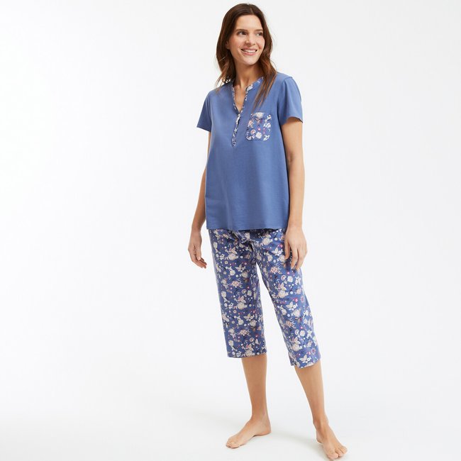 Cotton Cropped Trousers Pyjamas with Flowers Print floral print ANNE WEYBURN