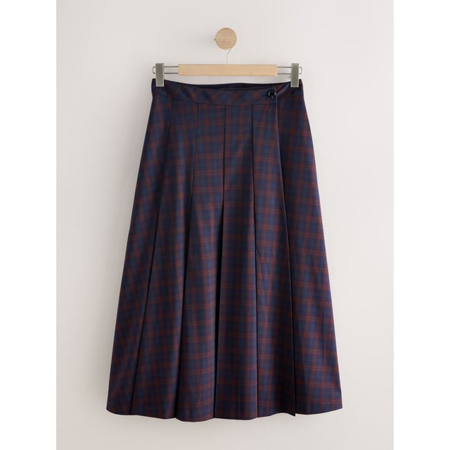 Jupe kilt mi-longue plissée à carreaux bordeaux/bleu <span itemprop=