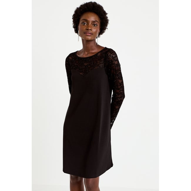 Robe bi-matière courte col rond noir <span itemprop=