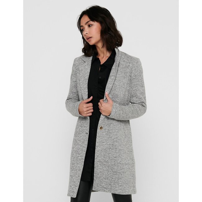 Manteau droit mi-long, col tailleur gris clair <span itemprop=