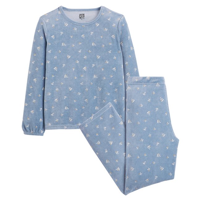 Pijama de terciopelo con estampado de hojas y aves azul <span itemprop=