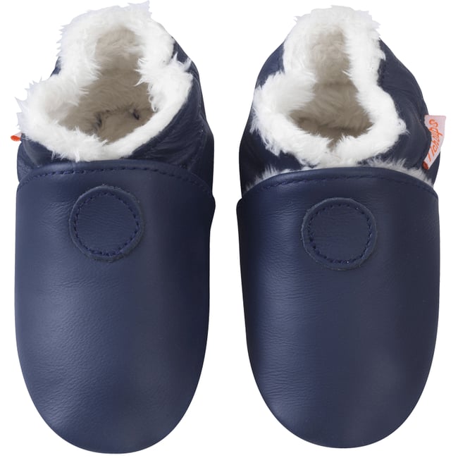 Chaussons cuir souple uni fourrés bleu <span itemprop=