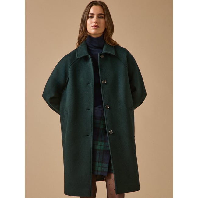 Manteau mi-long lainage uni vert fonce <span itemprop=