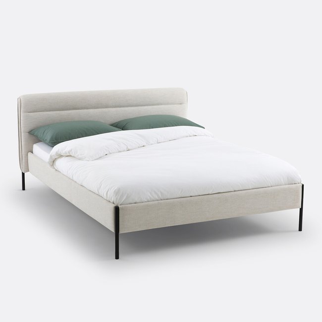 Lit rembourré avec sommier, Obias Couleur ecru chiné <span itemprop=
