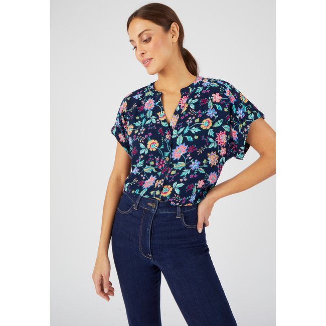 Chemisier crépon en fibres pure viscose bleu marine fleuri <span itemprop=