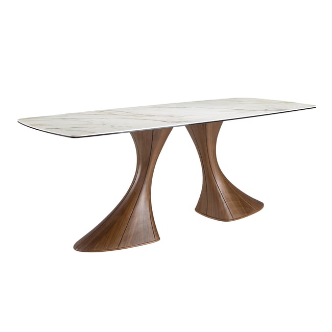 Table de salle à manger ovale en forme de tonneau, marbre en porcelaine et noyer Couleur blanc | noyer <span itemprop=