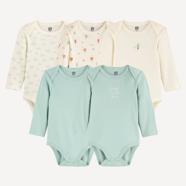 Lot de 5 bodies emmanchures américaines manches longues, thème nature ecru + bleu <span itemprop=