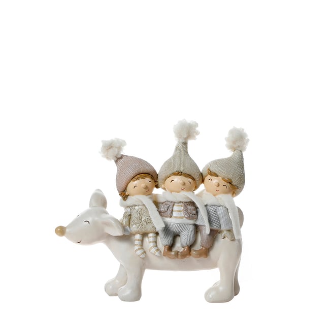 Figurine de noël avec enfants sur renne en résine H17 NOËL Couleur gris <span itemprop=