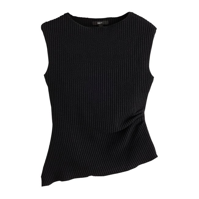 Haut asymétrique texturé sans manches noir <span itemprop=