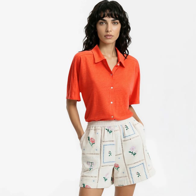 T-shirt en lin col polo, manches courtes  rouge grenadine <span itemprop=