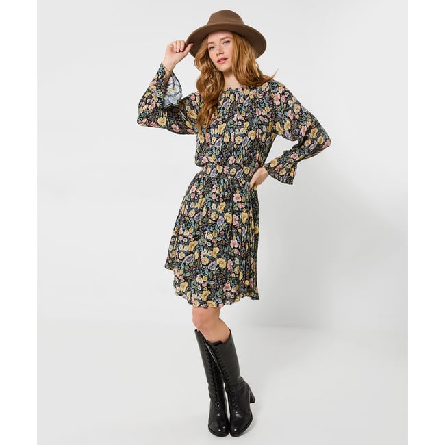 Robe Courte Fleurie à Col Montant Bonnie noir <span itemprop=