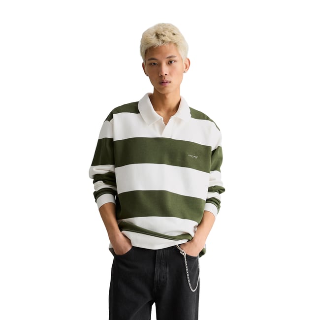 Sweat-shirt polo relaxed avec motif à rayures imprimé vert foncé <span itemprop=