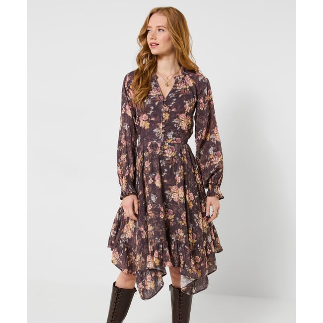 Robe Mi-Longue à Ourlet Plongeant Fleurs Anciennes marron <span itemprop=