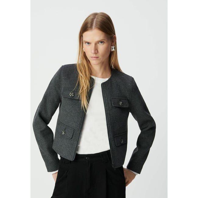 Crew Neck Zip-Up Jacket with Pockets and Long Sleeves, storm, IKKS