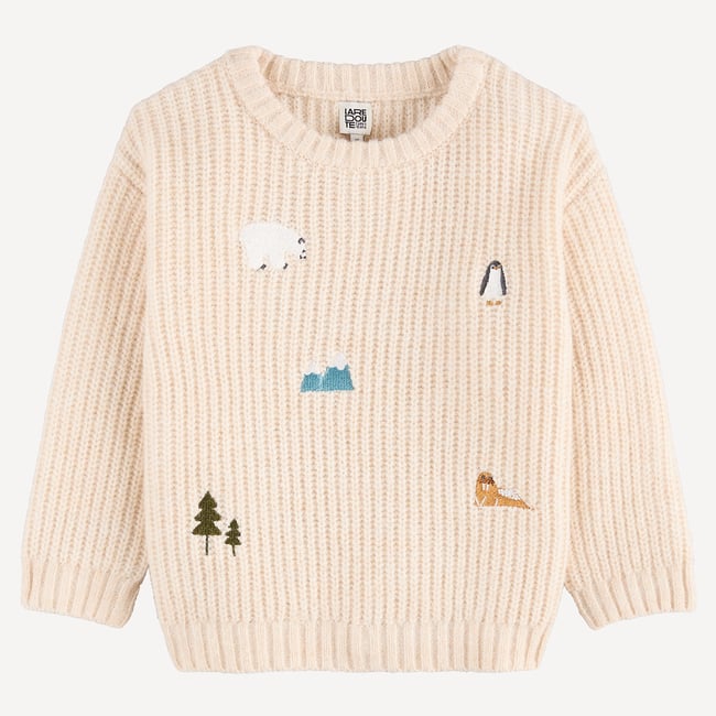 Chunky Knit Embroidered Crew Neck Jumper, ecru , LA REDOUTE COLLECTIONS